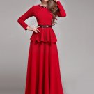 Red Peplum Maxi Dress with Cabochon Neck RM405