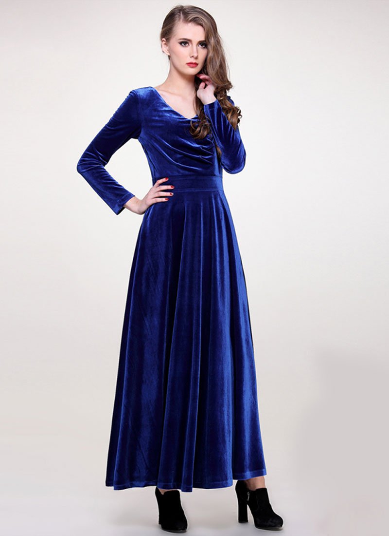 V Neck Blue Velvet Maxi Dress with Long Sleeves RM406