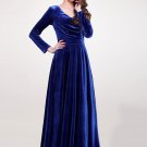 V Neck Blue Velvet Maxi Dress with Long Sleeves RM406