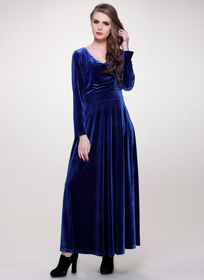 V Neck Blue Velvet Maxi Dress With Long Sleeves Rm406