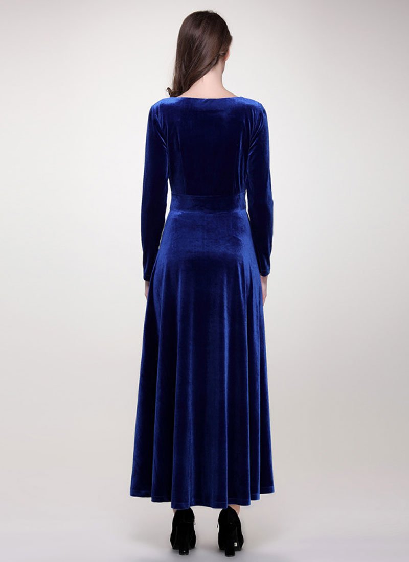 V Neck Blue Velvet Maxi Dress With Long Sleeves Rm406 