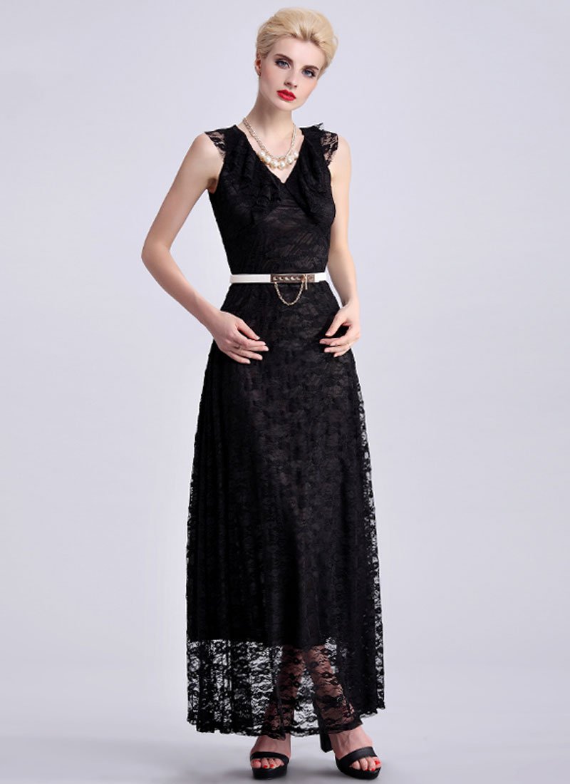 Black Lace Maxi Dress with Draped Neckline RM410