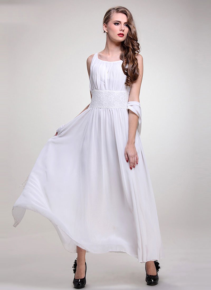 White Chiffon Maxi Dress with Lace Waist Yoke RM411