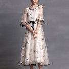 Floral Embroidered Organza Tea Dress with Layered Lantern Sleeves RM414