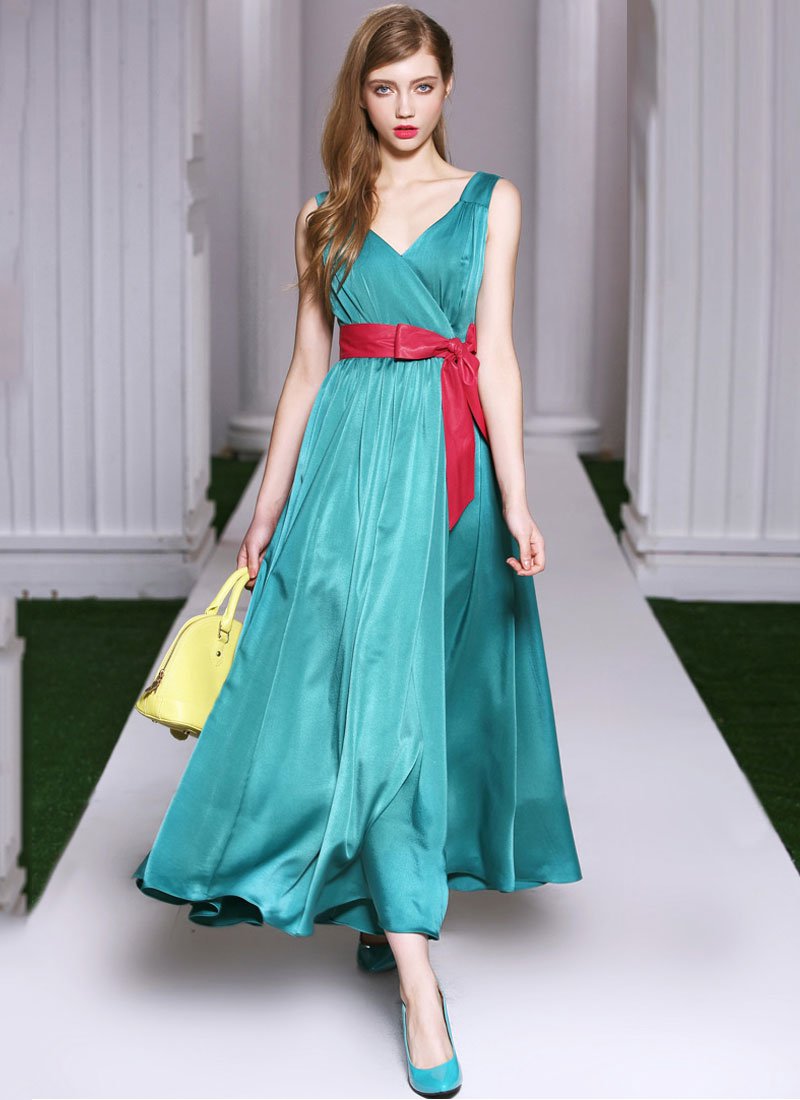 Dark Turquoise Satin Maxi Dress with Red Sash RM416