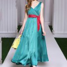 Dark Turquoise Satin Maxi Dress with Red Sash RM416
