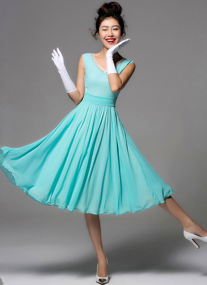 V Neck Aqua Tea Dress with Lace Details and Pleated Waist Yoke RM419