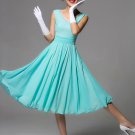 V Neck Aqua Tea Dress with Lace Details and Pleated Waist Yoke RM419