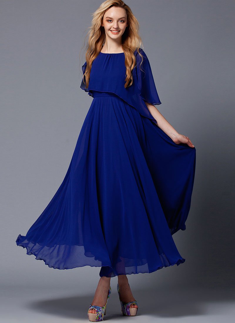 Dark Blue Maxi Dress with Asymmetric Cloak RM426