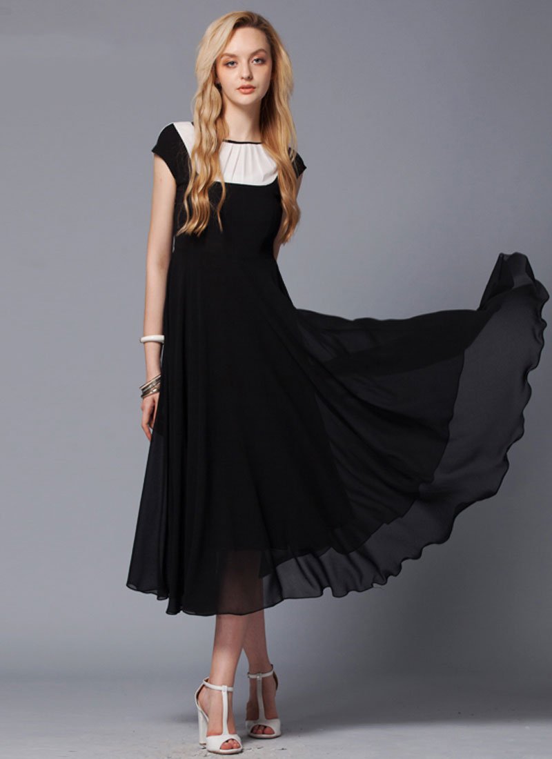 Black Max Dress with Contrast White Fabric Panel Insertion RM428
