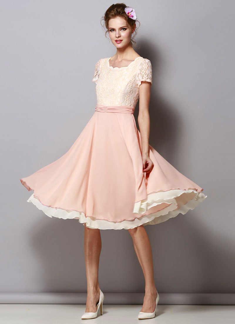 Dusty Rose Pink Lace Chiffon Midi Dress with Ruched Waist Yoke RM429