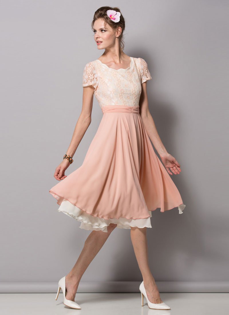 Dusty Rose Pink Lace Chiffon Midi Dress With Ruched Waist Yoke Rm429