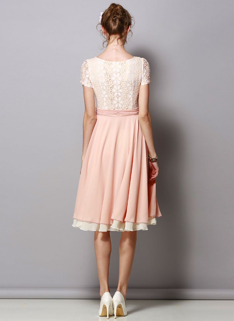 Dusty Rose Pink Lace Chiffon Midi Dress With Ruched Waist Yoke Rm429