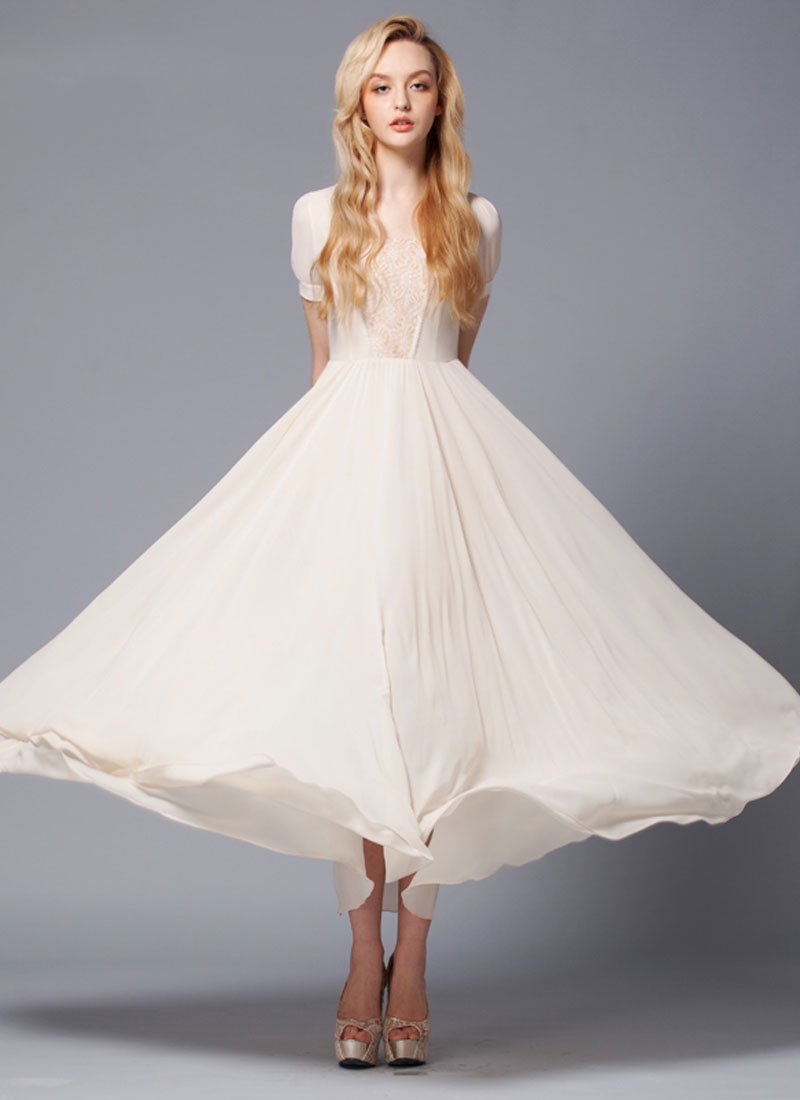 Beige Maxi Dress with Trapezoid Shaped Lace Details RM430
