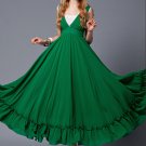 V Neck Emerald Green Maxi Dress with White Lace Trim Details RM431