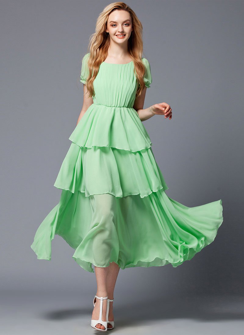 Layered Spring Green Maxi Dress with Pleated Top RM432