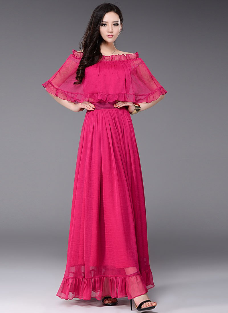 Off-Shoulder Deep Pink Maxi Dress with Cloak Top RM433