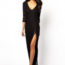 V Neck Black Maxi Dress with High Slit RM442