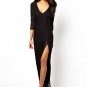 V Neck Black Maxi Dress with High Slit RM442