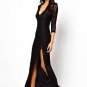 V Neck Black Maxi Dress with High Slit RM442