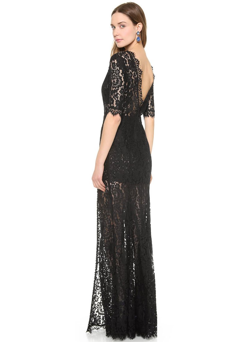 V Back Black Lace Maxi Dres with Eyelash Details and Front Slit RM443