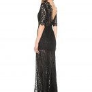 V Back Black Lace Maxi Dres with Eyelash Details and Front Slit RM443