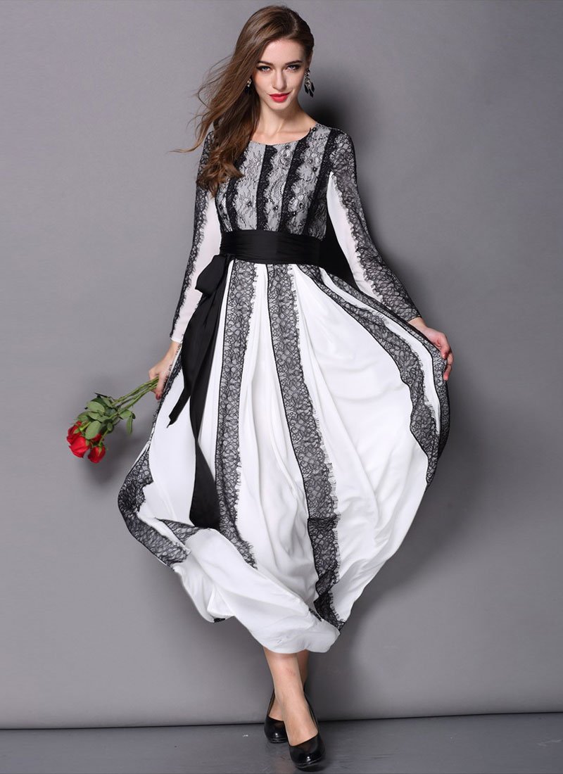 White Maxi Dress with Contrast Colored Black Eyelash Lace Details RM446