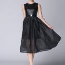 Black PU Leather & Organza Midi Dress RM448
