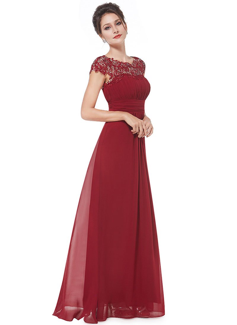 Embellished Open Back Maroon Lace Chiffon Evening Gown RM450
