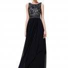 V Back Black Lace Chiffon Evening Dress with Satin Waist Yoke RM451