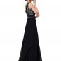 V Back Black Lace Chiffon Evening Dress with Satin Waist Yoke RM451