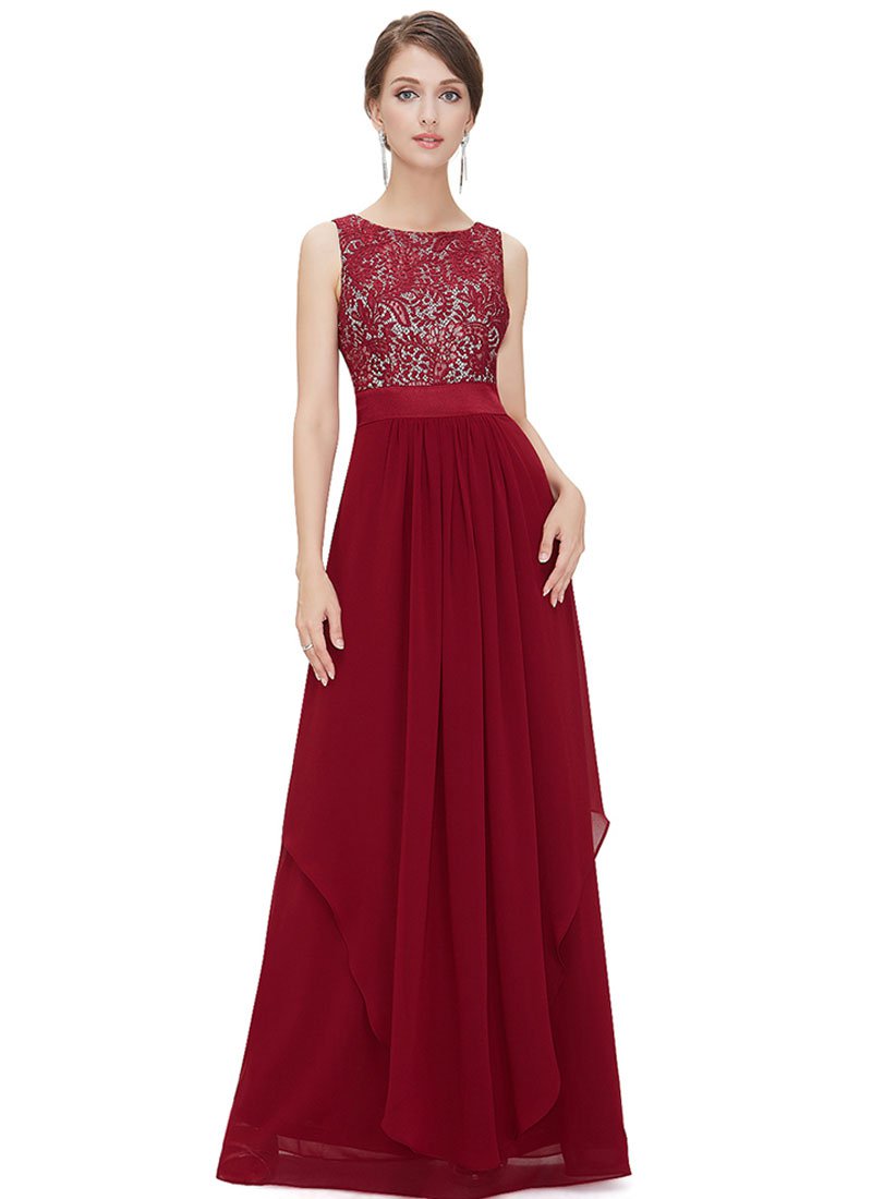V Back Maroon Lace Chiffon Evening Dress with Satin Waist Yoke RM451