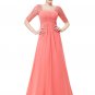 Empire Waisted Light Coral Lace Chiffon Maxi Dress with Open Back RM452