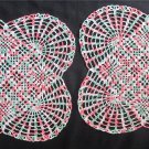#157 Two (2) Hand Made Crocheted Multi Red, White, Green Doilies - 12.5" Square