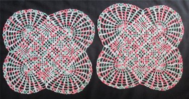 #157 Two (2) Hand Made Crocheted Multi Red, White, Green Doilies - 12.5" Square