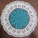 #217 Hand Made Crochet White & Aqua Green Doily - 13" Round