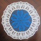 #218 Hand Made Crochet White & Blue Doily - 13" Round