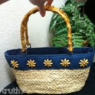Sun n Sand Straw Blue Fabric Bead Embellished Satchel Shoulder Purse Handbag