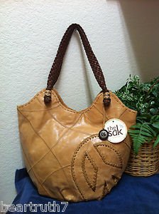 NWT The Sak Brown/Tan Distressed Leather Embroidered Peace Hobo Shoulder Handbag