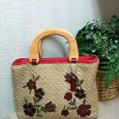 Covington Straw Floral w/Wood Handles Satchel Tote Purse Handbag