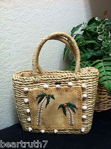 Scala Collection Straw Bead & Shell Embellished Satchel Tote Purse Handbag
