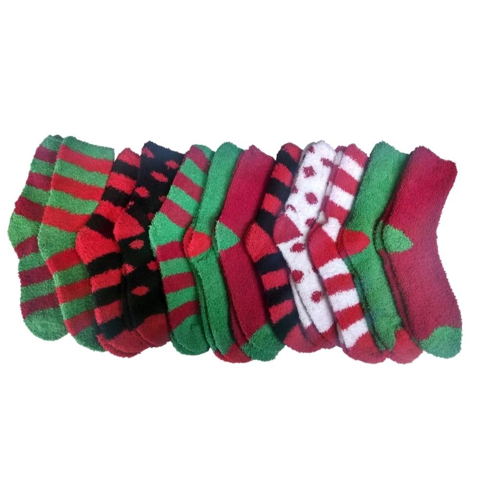 12 Pairs Of Excell Womens Christmas Holiday Striped Fuzzy Socks