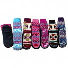 6 Pair Ladies Heavy Knit Snow Flake Reindeer Print Slipper Sock With Gripper ...