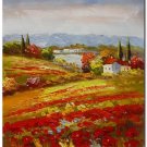 Flower Field Landscape Oil Painting Italian Tuscany Landscape Poppy Field Vineyard-072 High