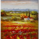 Flower Field Landscape Oil Painting Italian Tuscany Landscape Poppy Field Vineyard-073 High