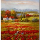 Flower Field Landscape Oil Painting Italian Tuscany Landscape Poppy Field Vineyard-074 High