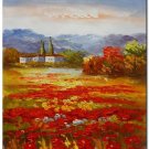 100% Hand-Paint Flower Field Landscape Oil Painting Italian Tuscany Landscape Poppy Field
