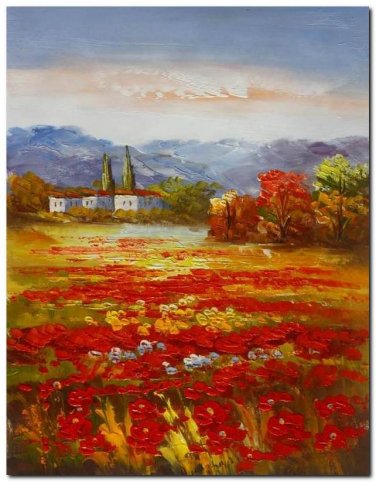 100% Hand-Paint Flower Field Landscape Oil Painting Italian Tuscany Landscape Poppy Field