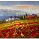 Flower Field Landscape Oil Painting Italian Tuscany Landscape Poppy Field Vineyard-077 High