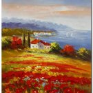 Flower Field Landscape Oil Painting Italian Tuscany Landscape Poppy Field Vineyard-080 High